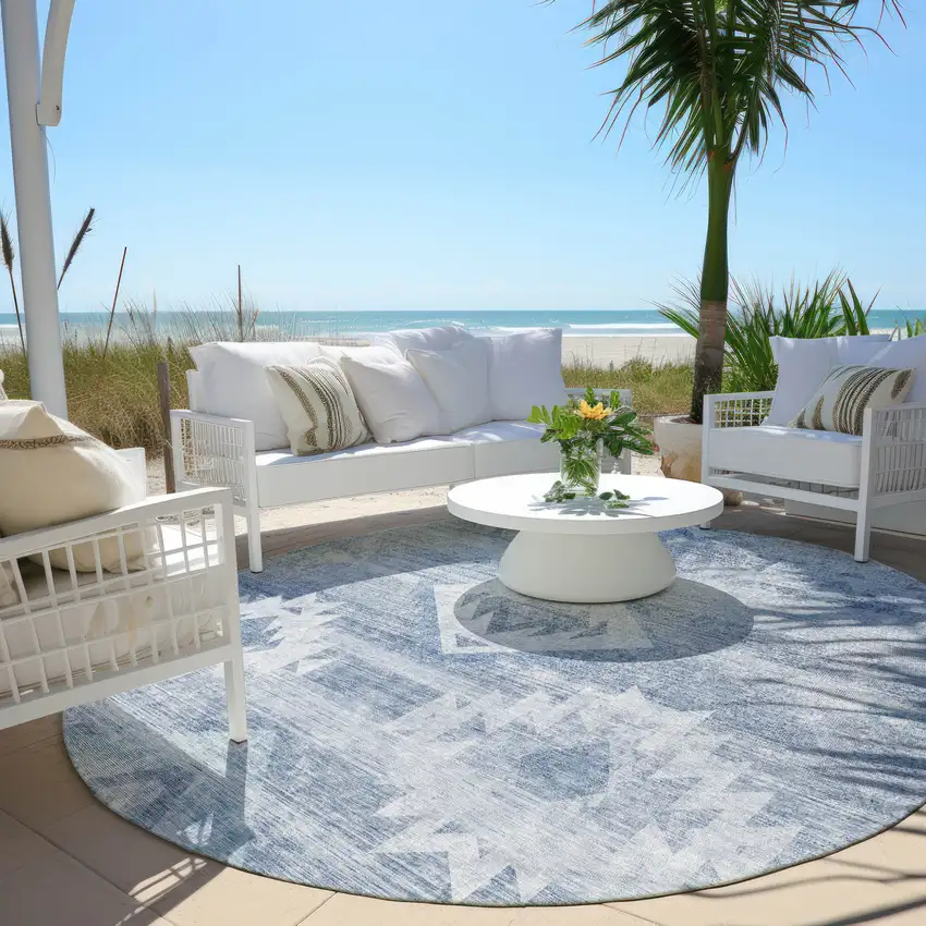 8' Denim Blue And Sky Blue Round Southwestern Washable Indoor Outdoor Area Rug Photo 7