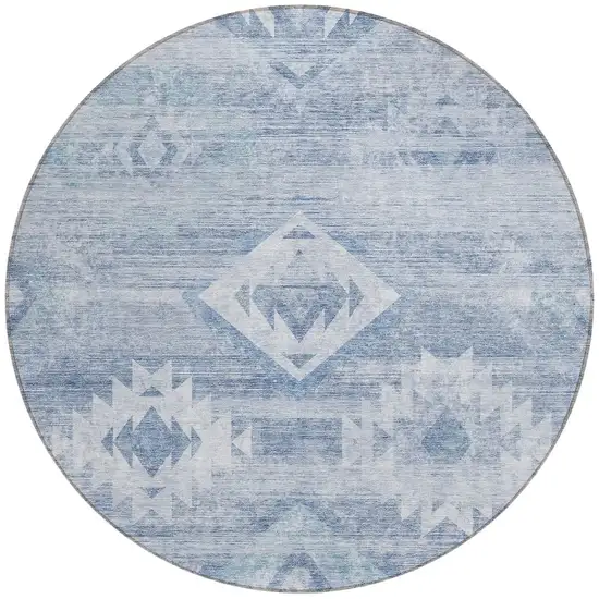 8' Denim Blue And Sky Blue Round Southwestern Washable Indoor Outdoor Area Rug Photo 6