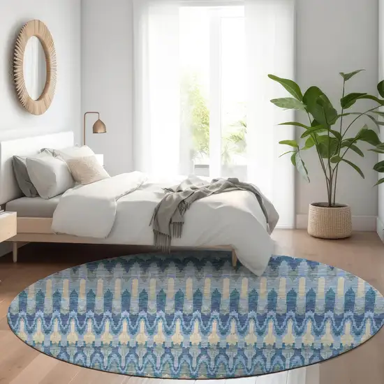 8' Denim Blue And Sky Blue Round Southwestern Washable Indoor Outdoor Area Rug Photo 8