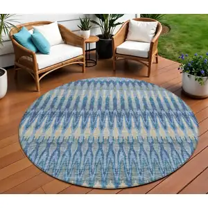 Photo of 8' Denim Blue And Sky Blue Round Southwestern Washable Indoor Outdoor Area Rug