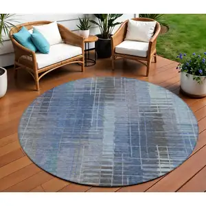 Photo of 8' Denim Blue And Sky Blue Round Striped Washable Indoor Outdoor Area Rug