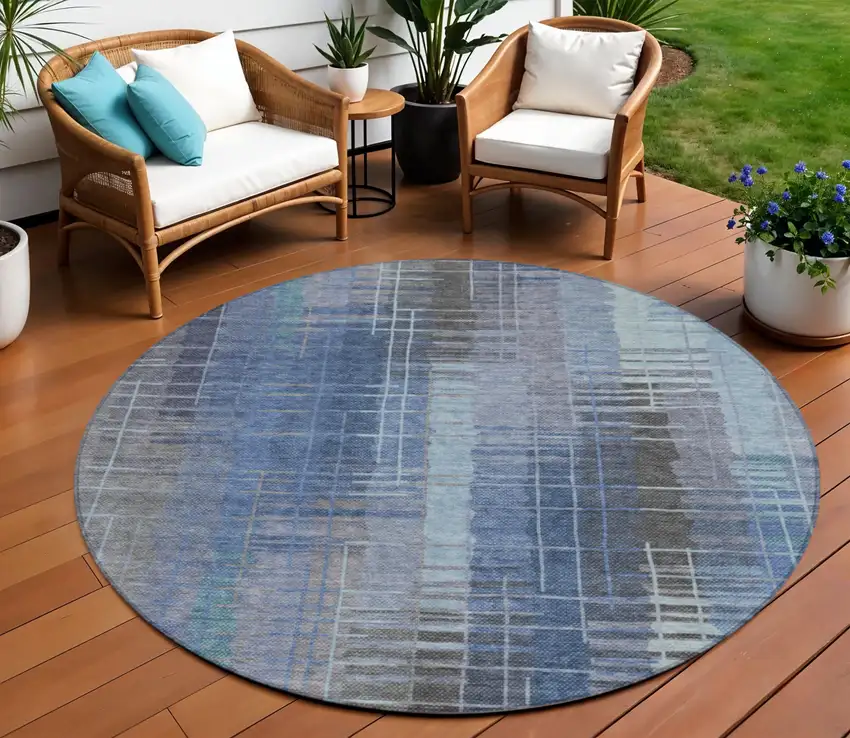 8' Denim Blue And Sky Blue Round Striped Washable Indoor Outdoor Area Rug Photo 1