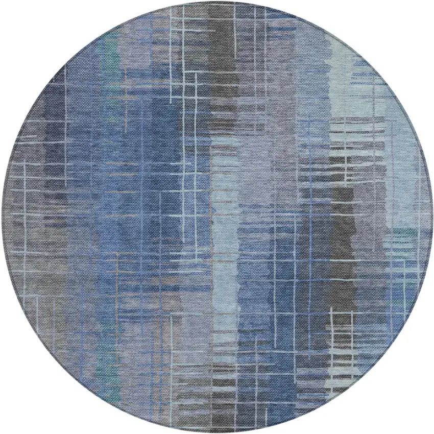 8' Denim Blue And Sky Blue Round Striped Washable Indoor Outdoor Area Rug Photo 2