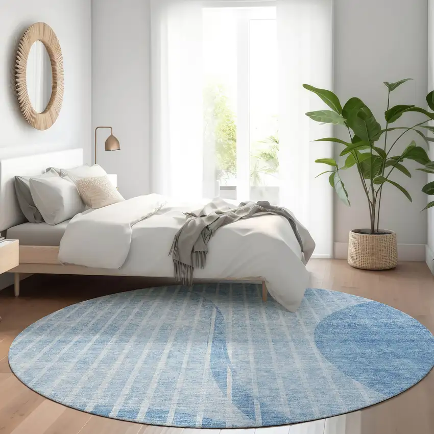 8' Denim Blue And Sky Blue Round Striped Washable Indoor Outdoor Area Rug Photo 7