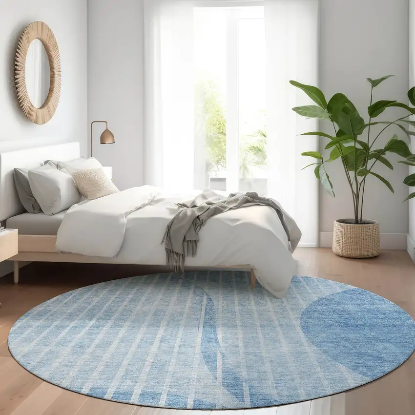 8' Denim Blue And Sky Blue Round Striped Washable Indoor Outdoor Area Rug Photo 7