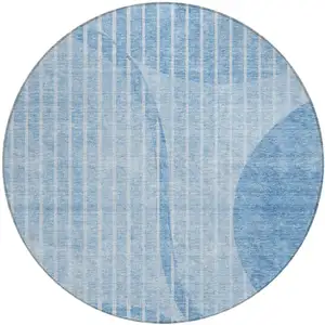 Photo of 8' Denim Blue And Sky Blue Round Striped Washable Indoor Outdoor Area Rug