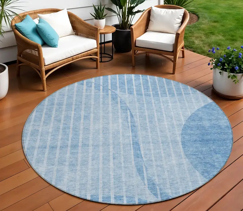 8' Denim Blue And Sky Blue Round Striped Washable Indoor Outdoor Area Rug Photo 1