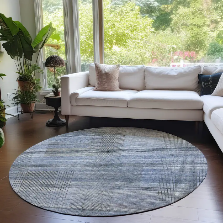 8' Denim Blue And Sky Blue Round Striped Washable Indoor Outdoor Area Rug Photo 7