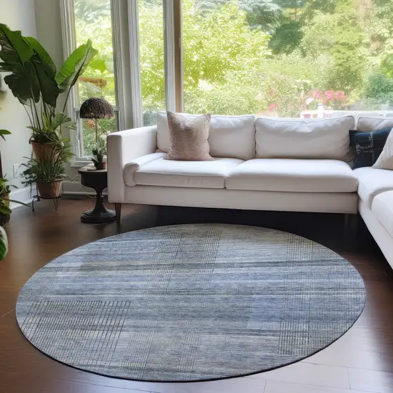 8' Denim Blue And Sky Blue Round Striped Washable Indoor Outdoor Area Rug Photo 7