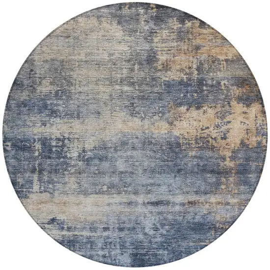 8' Denim Blue And Tan Round Abstract Washable Indoor Outdoor Area Rug Photo 5