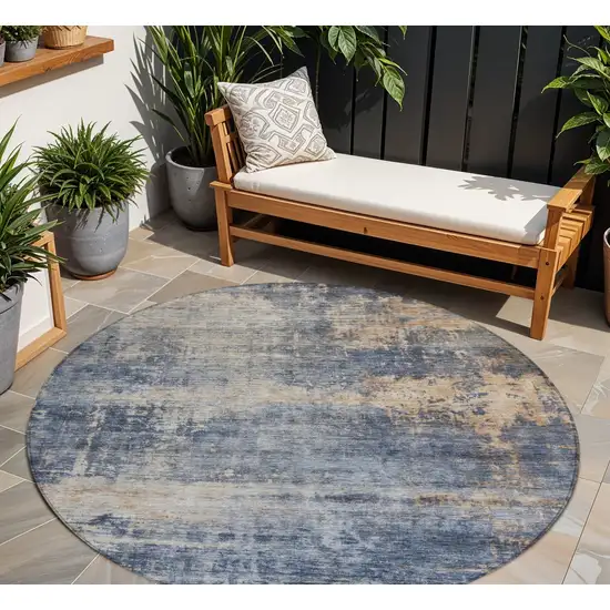 8' Denim Blue And Tan Round Abstract Washable Indoor Outdoor Area Rug Photo 1