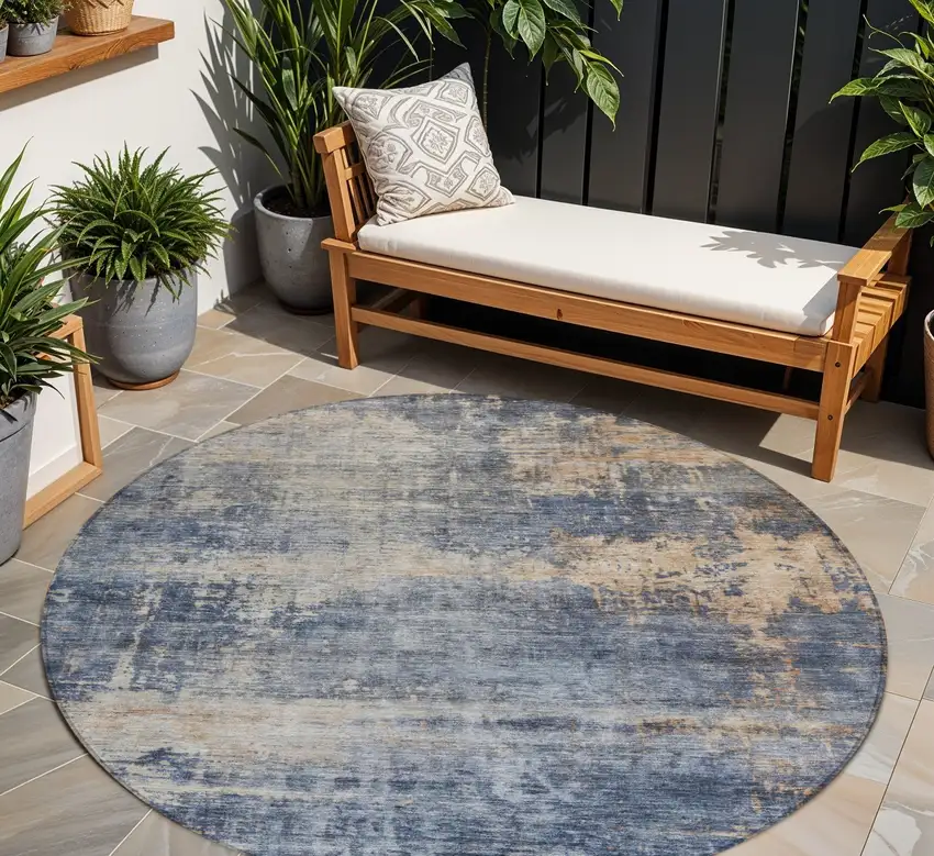 8' Denim Blue And Tan Round Abstract Washable Indoor Outdoor Area Rug Photo 1