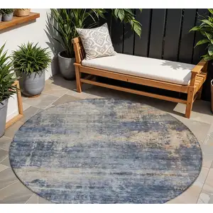 Photo of 8' Denim Blue And Tan Round Abstract Washable Indoor Outdoor Area Rug