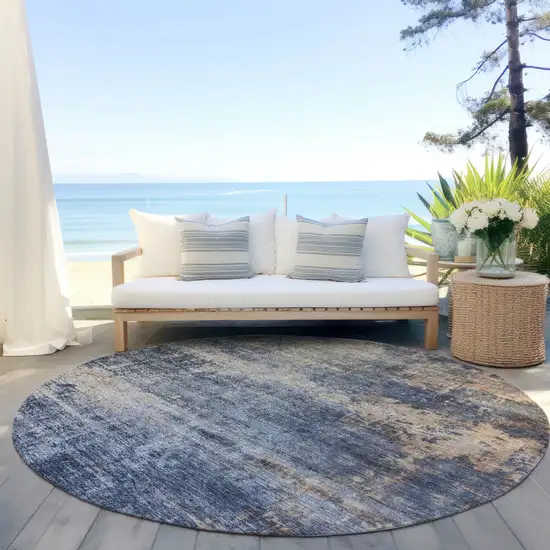 8' Denim Blue And Tan Round Abstract Washable Indoor Outdoor Area Rug Photo 6