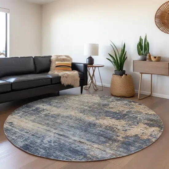 8' Denim Blue And Tan Round Abstract Washable Indoor Outdoor Area Rug Photo 7