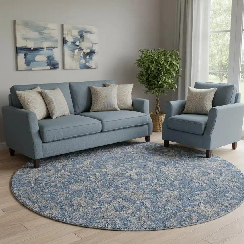 8' Denim Blue And Taupe Floral Washable Round Rug With UV Protection Photo 1