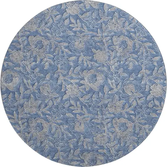 8' Denim Blue And Taupe Floral Washable Round Rug With UV Protection Photo 1