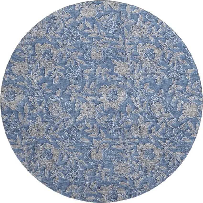 8' Denim Blue And Taupe Floral Washable Round Rug With UV Protection Photo 1