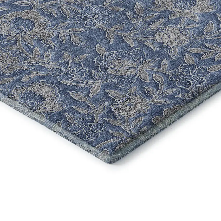 8' Denim Blue And Taupe Floral Washable Round Rug With UV Protection Photo 7