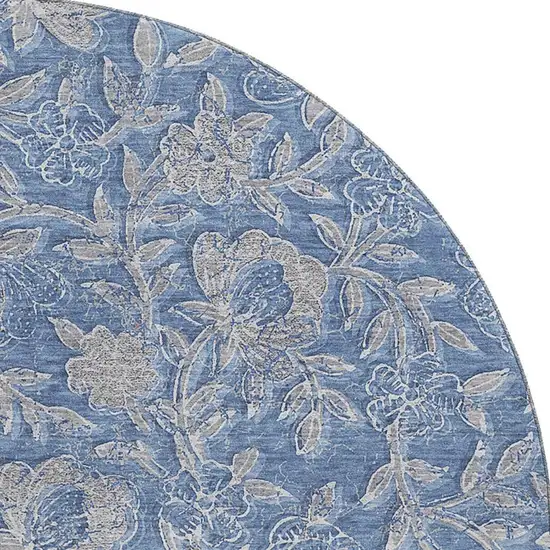 8' Denim Blue And Taupe Floral Washable Round Rug With UV Protection Photo 4