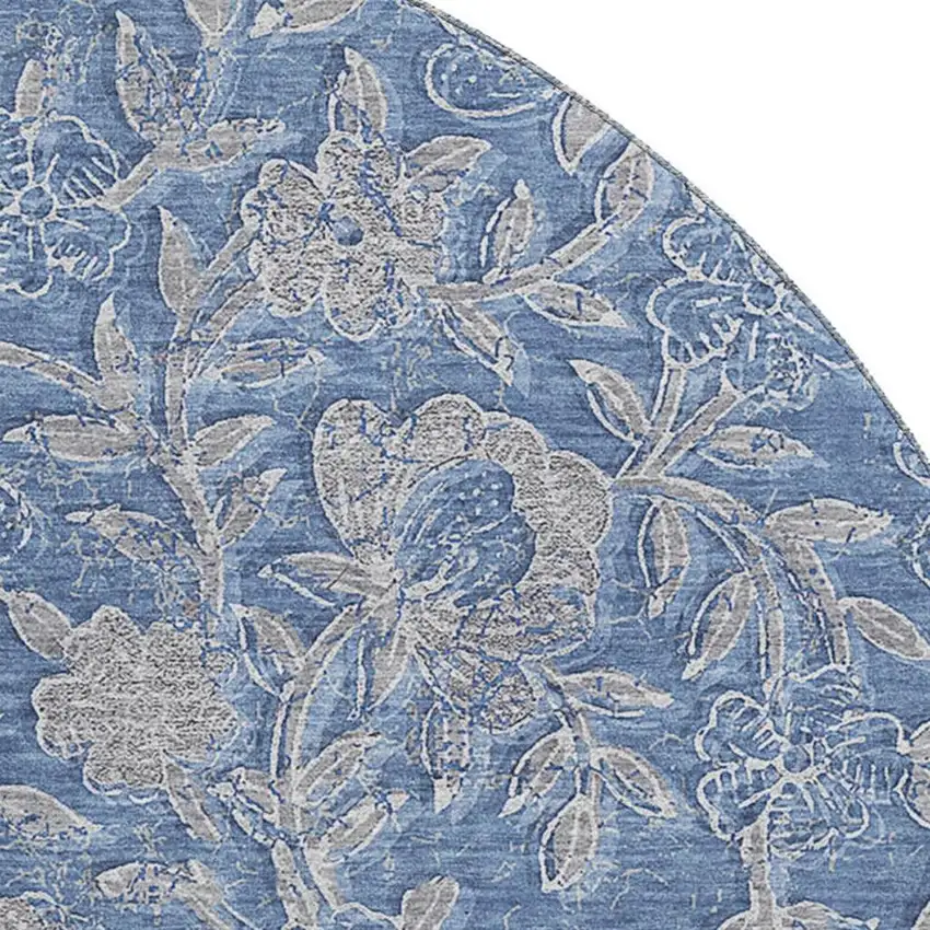 8' Denim Blue And Taupe Floral Washable Round Rug With UV Protection Photo 3