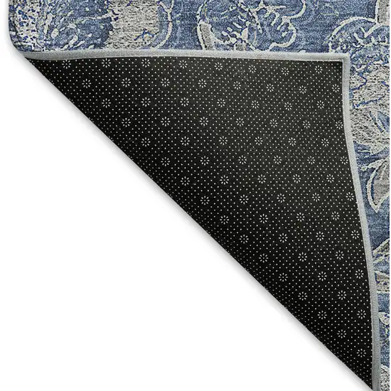 8' Denim Blue And Taupe Floral Washable Round Rug With UV Protection Photo 6