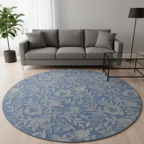 8' Denim Blue And Taupe Floral Washable Round Rug With UV Protection Photo 2