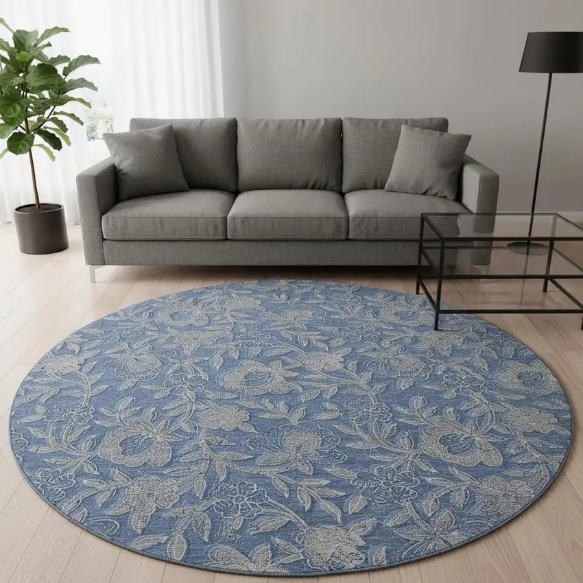 8' Denim Blue And Taupe Floral Washable Round Rug With UV Protection Photo 2