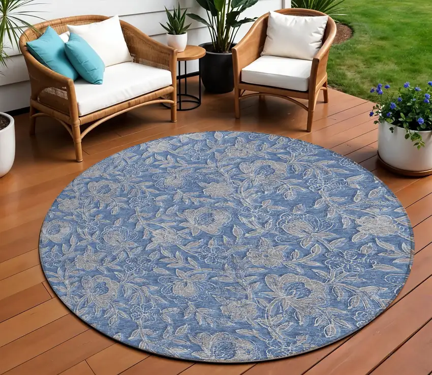 8' Denim Blue And Taupe Round Floral Washable Indoor Outdoor Area Rug Photo 1