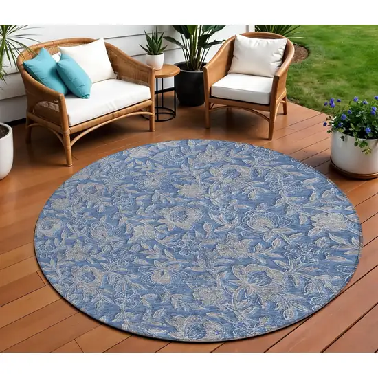 8' Denim Blue And Taupe Round Floral Washable Indoor Outdoor Area Rug Photo 1