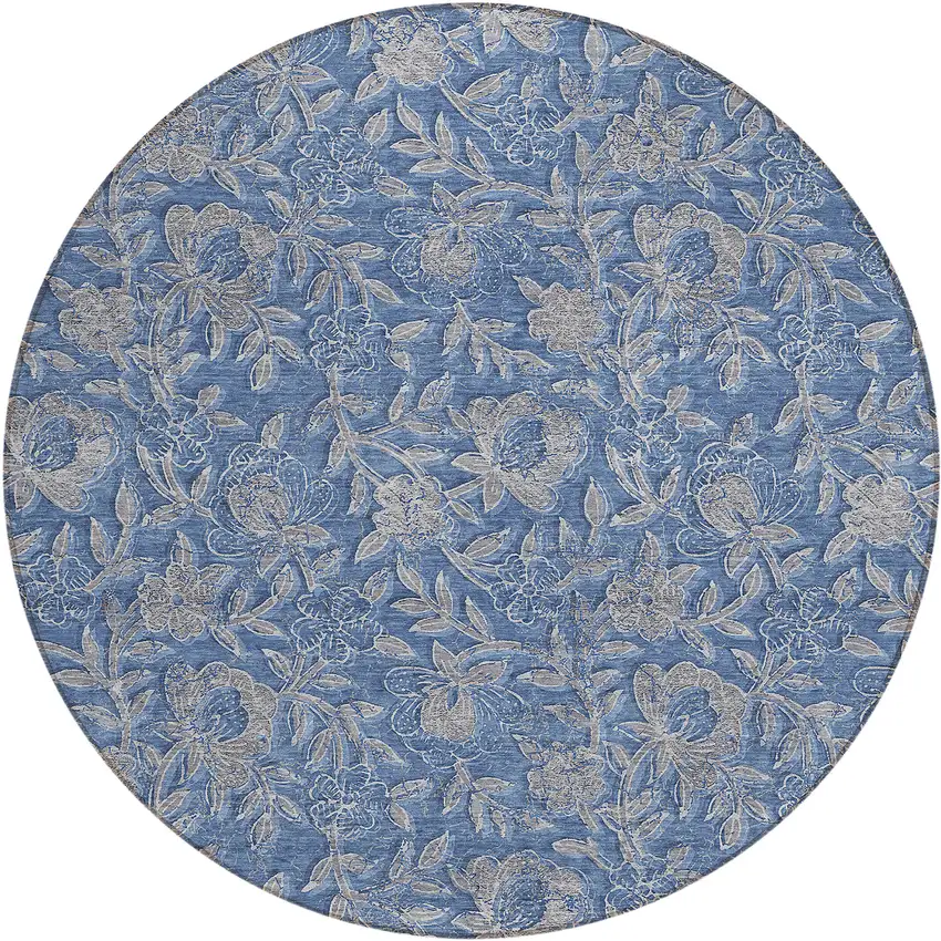 8' Denim Blue And Taupe Round Floral Washable Indoor Outdoor Area Rug Photo 2