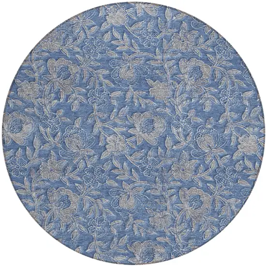 8' Denim Blue And Taupe Round Floral Washable Indoor Outdoor Area Rug Photo 2