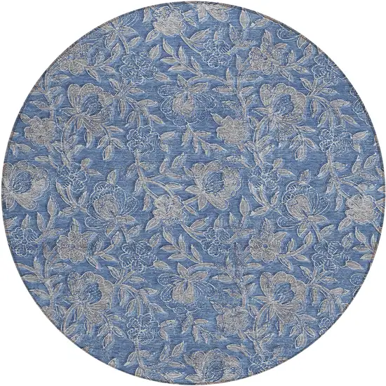 8' Denim Blue And Taupe Round Floral Washable Indoor Outdoor Area Rug Photo 2