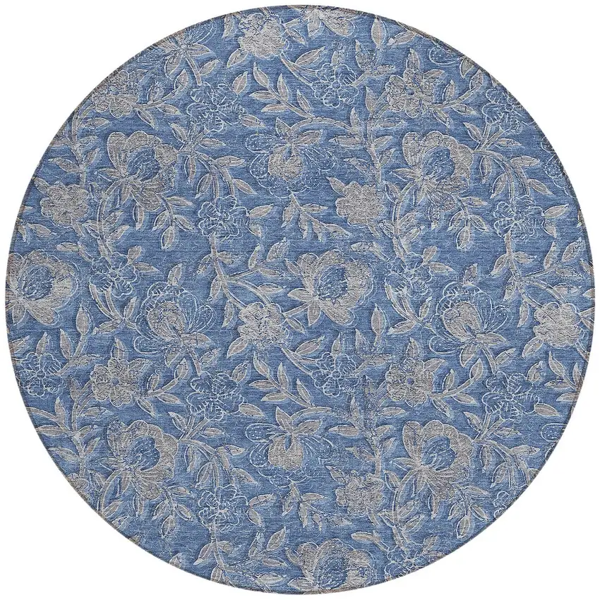 8' Denim Blue And Taupe Round Floral Washable Indoor Outdoor Area Rug Photo 4