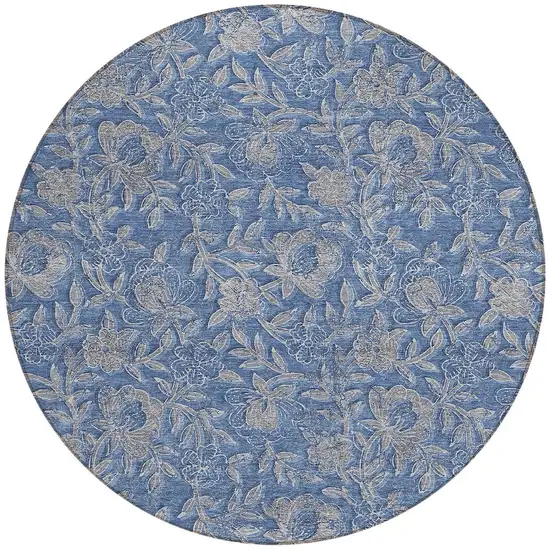 8' Denim Blue And Taupe Round Floral Washable Indoor Outdoor Area Rug Photo 4