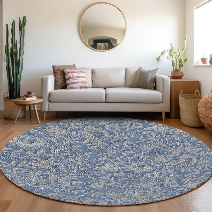 8' Denim Blue And Taupe Round Floral Washable Indoor Outdoor Area Rug Photo 7