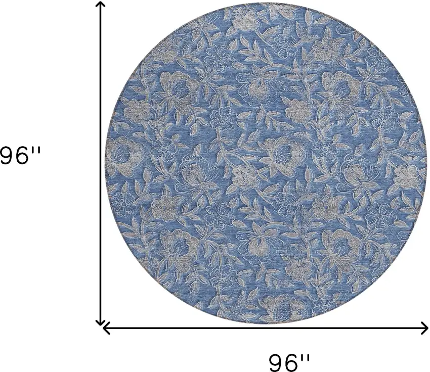 8' Denim Blue And Taupe Round Floral Washable Indoor Outdoor Area Rug Photo 8