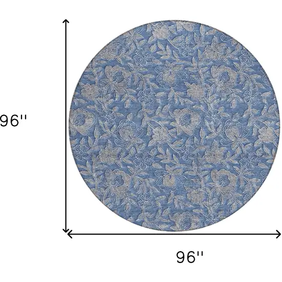 8' Denim Blue And Taupe Round Floral Washable Indoor Outdoor Area Rug Photo 8
