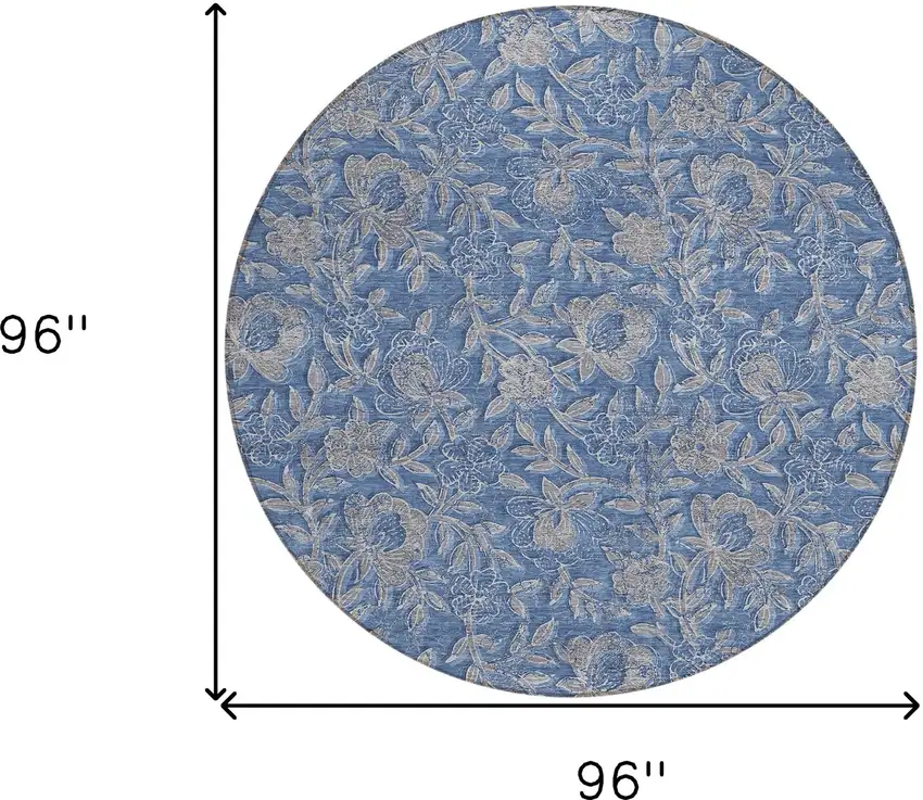 8' Denim Blue And Taupe Round Floral Washable Indoor Outdoor Area Rug Photo 8