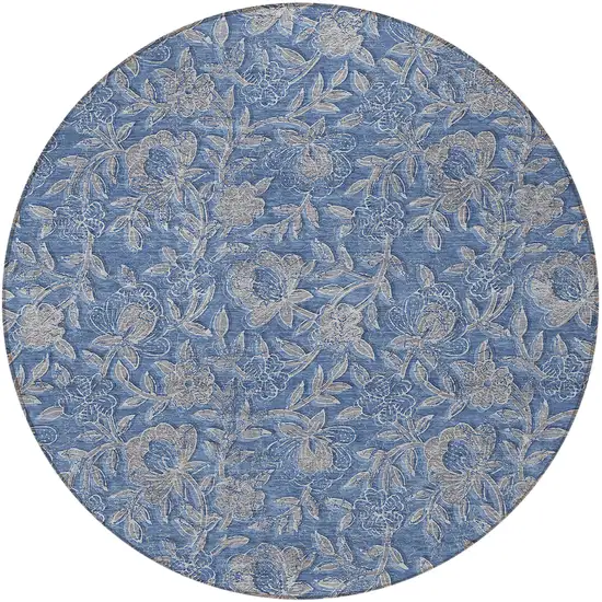 8' Denim Blue And Taupe Round Floral Washable Indoor Outdoor Area Rug Photo 5