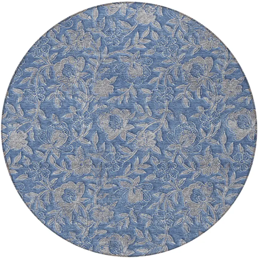 8' Denim Blue And Taupe Round Floral Washable Indoor Outdoor Area Rug Photo 5
