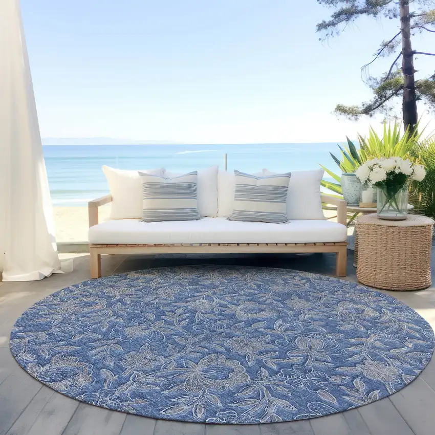 8' Denim Blue And Taupe Round Floral Washable Indoor Outdoor Area Rug Photo 6