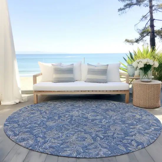 8' Denim Blue And Taupe Round Floral Washable Indoor Outdoor Area Rug Photo 6