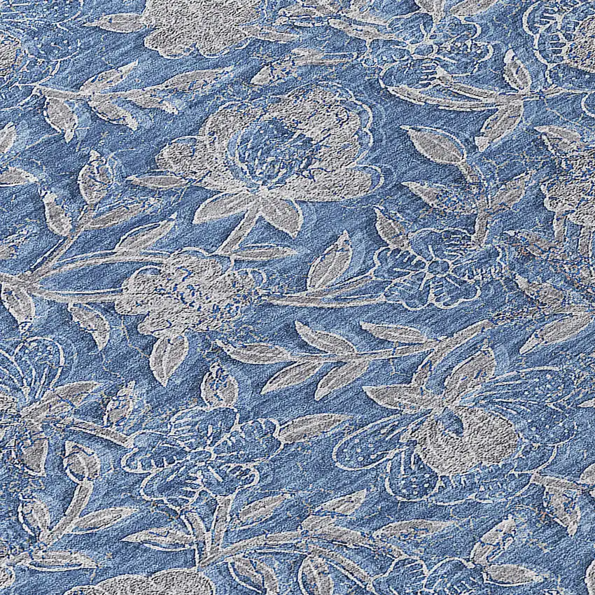 8' Denim Blue And Taupe Round Floral Washable Indoor Outdoor Area Rug Photo 9