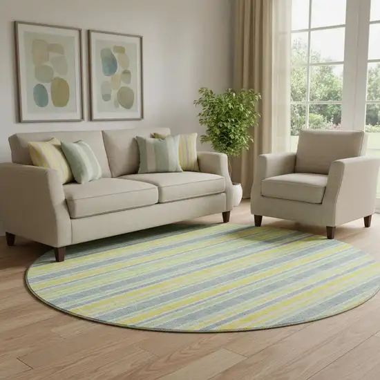8' Denim Blue And Yellow Striped Washable Round Rug With UV Protection Photo 1