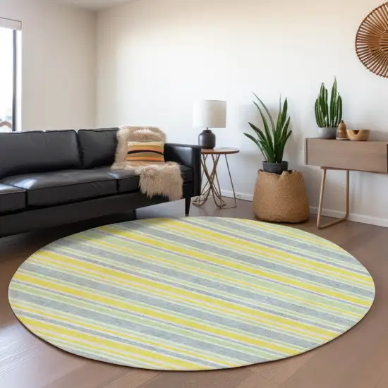 8' Denim Blue And Yellow Striped Washable Round Rug With UV Protection Photo 5