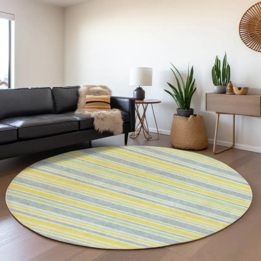 8' Denim Blue And Yellow Striped Washable Round Rug With UV Protection Photo 5