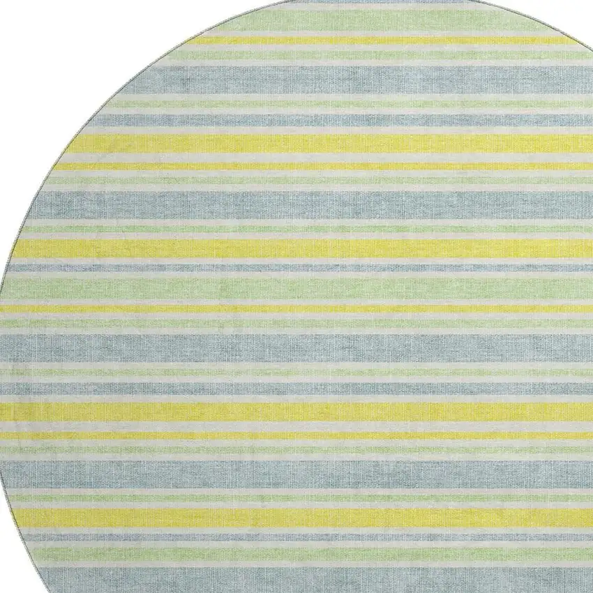 8' Denim Blue And Yellow Striped Washable Round Rug With UV Protection Photo 3