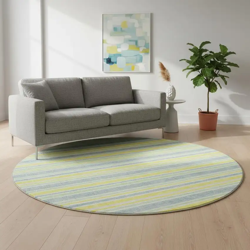 8' Denim Blue And Yellow Striped Washable Round Rug With UV Protection Photo 2