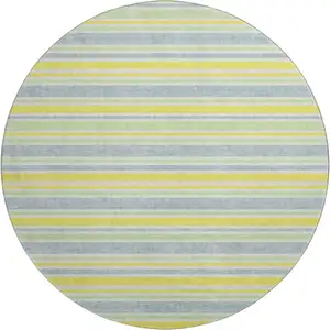 Photo of 8' Denim Blue And Yellow Striped Washable Round Rug With UV Protection